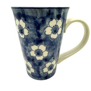 Artisan Handmade Stoneware Blue Floral Pattern Coffee Mug Tall 14 oz